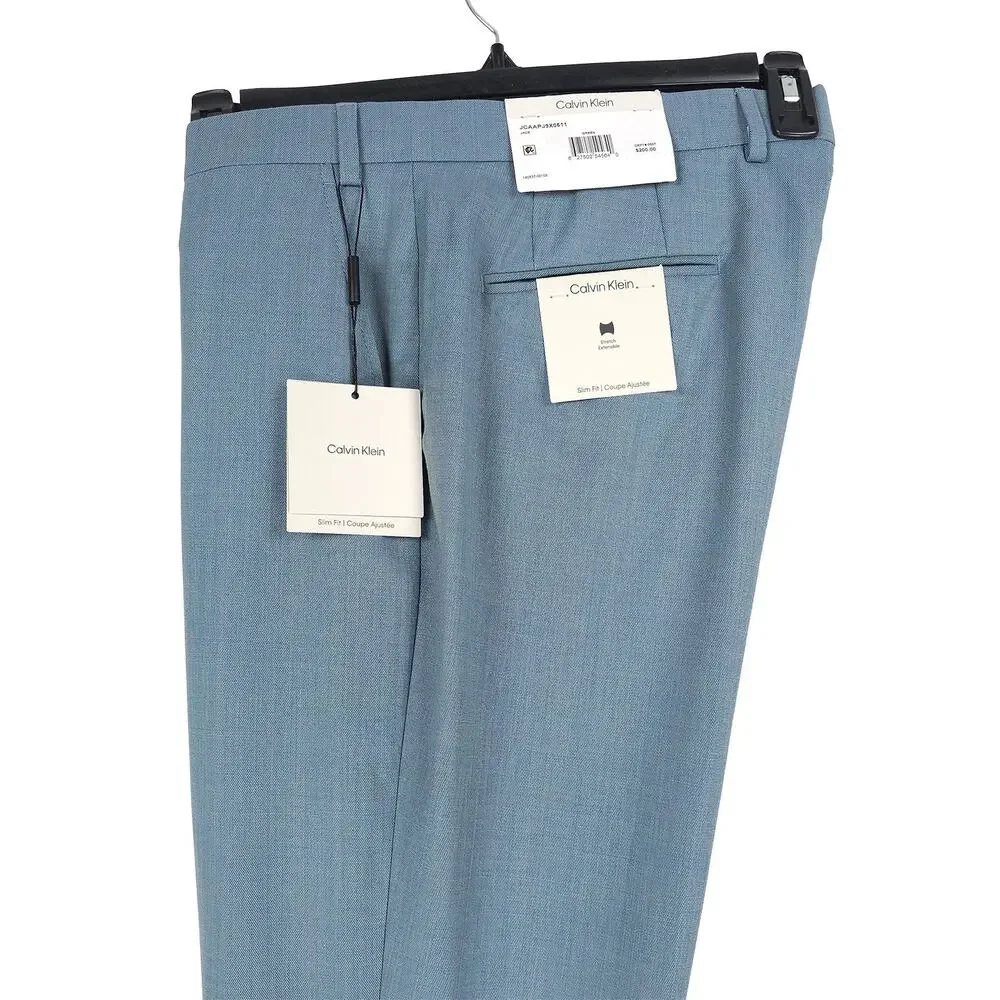 Calvin Klein Mens Slim Fit Suit Pants 42x30 Green Solid Stretch Wool Sharkskin
